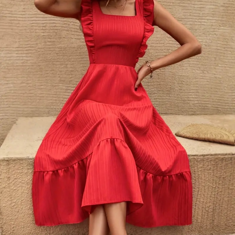 Red Ruffle Square Neck Sleeveless Midi Dress - NWOT - Picture 4 of 6